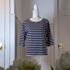 L.L.Bean Navy White Striped Cotton Long Sleeve Top L Petite